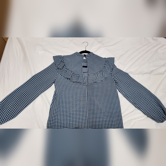 Topshop blue and black Ruffle checkered blouse - Picture 4 of 4